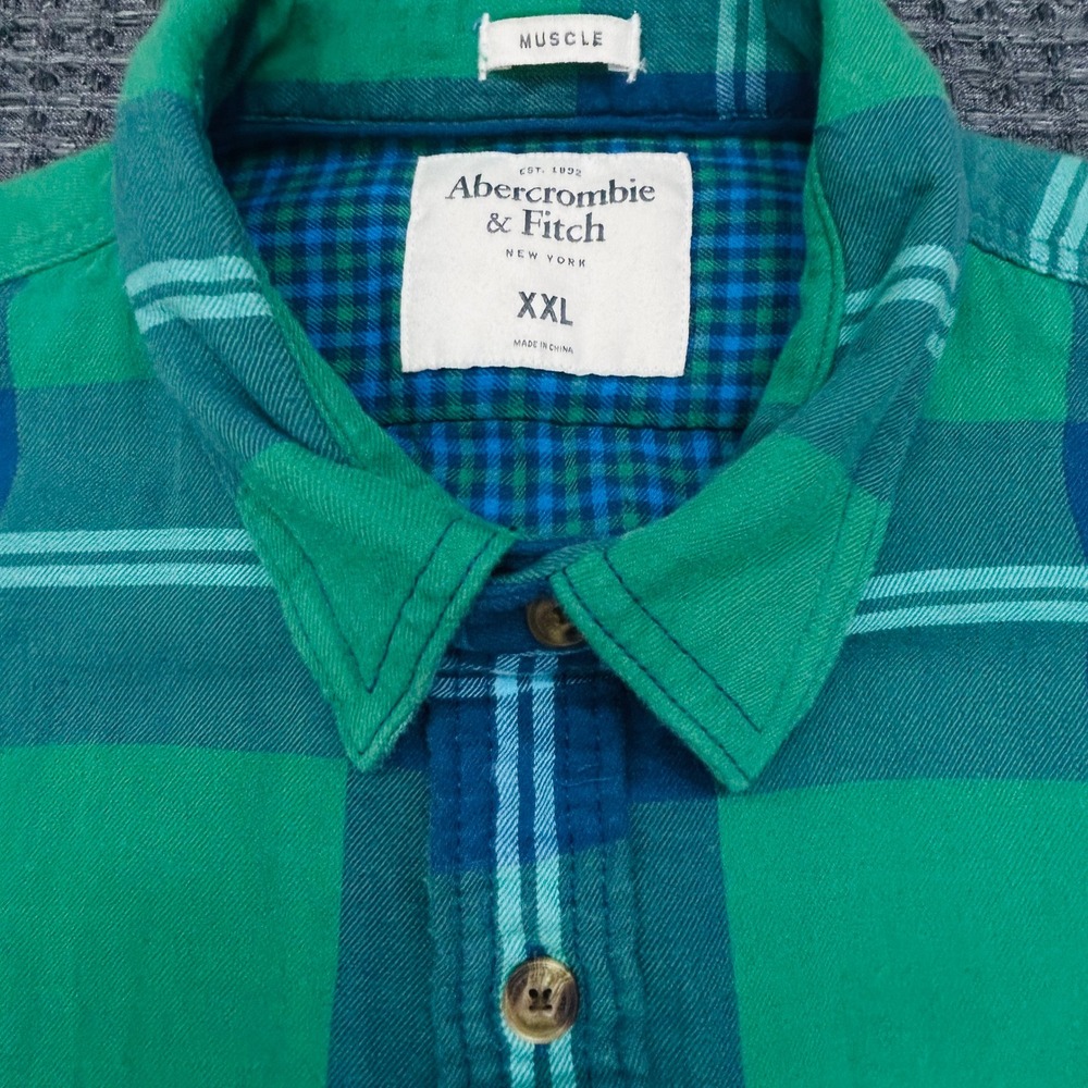 Abercrombie Fitch Musle Fit Lined Flannel Mens XXL Green Blue Plaid Shirt Jacket - Picture 3 of 8